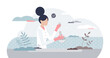 Water quality and drinking control for chemical balance tiny person concept, transparent background. Aqua characteristics and microbiological content research service illustration.