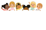 Fototapeta Dinusie - Multicultural kids hold a blank board. Cute little kids on a white background. Show a blank poster for text entry. Banner. Cartoon Vector illustration. Isolated.
