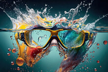 Vibrant Colors Professional Swim Goggles With Water Splashes In The Pool. AI Generative.
