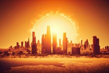 Heatwave Sun Over A Urban City, Global Warming. Generative AI