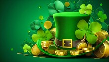 Saint Patrick Hat With Gold Coins And Clovers Banner. Generative AI