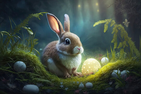 Cute easter bunny sits on the grass in a fairy forest with luminous eggs, generative AI