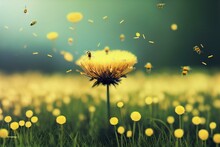 Honey Bee Covered Collecting Nectar From Dandelion Flower. Honey Bee Pollinating Flowers On Spring Blurred Meadow. Generative AI