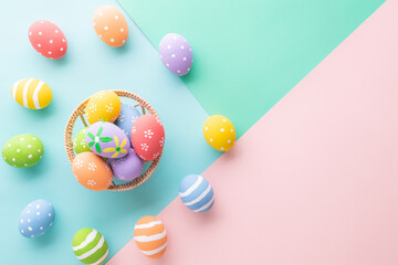 Easter Day celebrate time with easter eggs on pastel background for top view