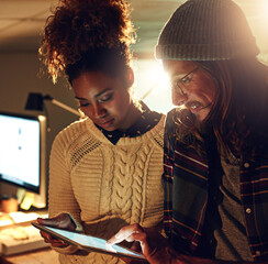 Poster - Planning, tablet and teamwork with people in office at night for strategy, web design or review. Internet, collaboration and search with man and woman in digital agency for proposal, project or idea