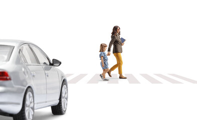 Poster - Car driving towards a pedestrian crossing and woman walking with a little girl