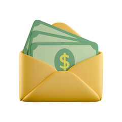 Poster - 3D Open Envelope with Money inside. Letter with green paper dollar. Cash savings concept. Sending money by mail. PNG icon isolated on white background. 3d rendering illustration. Clipping path
