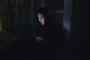 Leinwandbilder - Night, hacker and programming with woman and laptop for coding, software and cyber security. Ransomware, phishing and developer with girl programmer in server for database, network and digital crimes