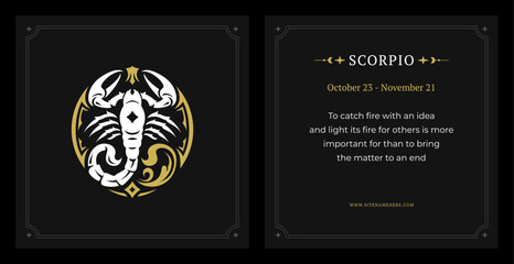 Wall Mural - scorpio zodiac horoscope fortune description with data vintage black card design template set vector