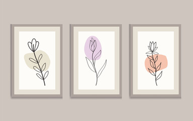 Wall Mural - flat design colorful wall art illustration set. botanical flowers wall art, line art, minimalist vec