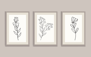 Wall Mural - flat design colorful wall art illustration set. botanical flowers wall art, line art, minimalist vec