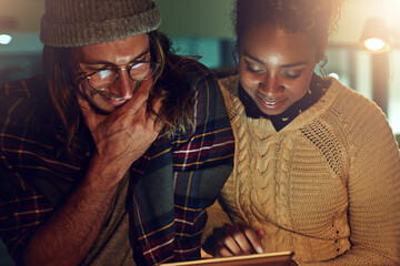 Poster - Teamwork, tablet and research with people in office at night for planning, web design and strategy. Creative, collaboration and technology with man and woman in startup for data, proposal and idea