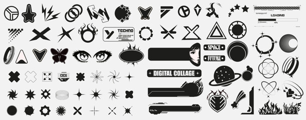 Aufkleber - Vector graphic assets set. Sticker in Y2k style, retro futuristic graphic ornaments in isolated white background.  Psychodelik, vaporwave 80s, 90s elements rave trip elements. Vector illustration