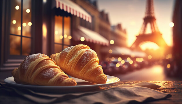 delicious french croissants on romantic background of eiffel tower, paris. based on generative ai