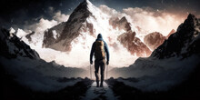 Hiker On The Top Of Snowy Mountain, Mountaineer With Backpack Looking At Mount Peak, Generative AI