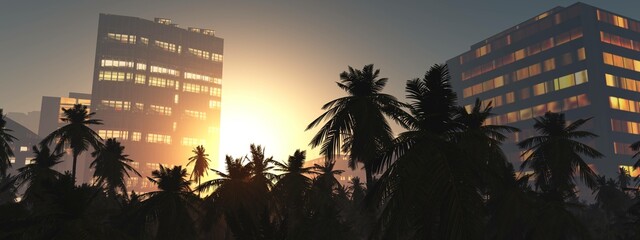 Canvas Print - Sunset over palm trees on the background of the city, skyscrapers and palm trees at sunset, 3d rendering