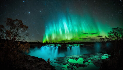 northern lights seen from the lake, generative ai