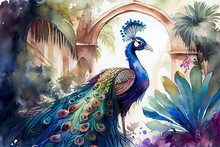 Colorful Peacock In A Fantasy Tropical Garden, Watercolor Painting Style, Generative Ai Illustration