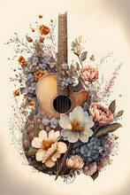 Country Music Festival Poster With Acoustic Guitar And Flowers. AI