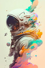 Wall Mural - Modern Illustration with an astronaut in a spacesuit on a background of colored paint in pastel shades. Generative ai