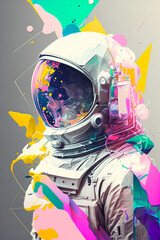 Wall Mural - Modern Illustration with an astronaut in a spacesuit on a background of colored paint in pastel shades. Generative ai