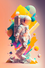 Wall Mural - Illustration with an astronaut in a suit on a background of colorful 3D graphics. Generative ai
