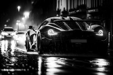 A black and white image of a generic and unbranded sport car under rain, generative ai illustration