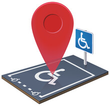 3D Disabled Parking Space With Its Signage On The Ground And Its Information Panel With The Symbol Of The Wheelchair On Which A Red Geolocation Marker Is Placed (cut Out)