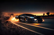 Generic and unbranded dark sport car on the road at night with flames, generative ai illustration