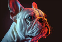 Portrait Of A Dog With A Dark Background. Colorful (blue And Red) Moody Portrait Of An English Bulldog