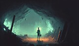 Fototapeta Do akwarium - Man with a lantern explores the ancient cave of darkness, digital art style, illustration painting, Generative AI