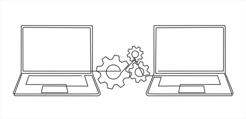 continuous one single line drawing of two laptop and gears, Adjusting app options, maintenance, repair, fixing monitor.	