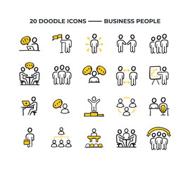 Business People Vector Doodle Line Icon Set. Hand Drawn Illustration Sketch of Meeting, Workplace, Business Communication, Team Structure and Success.