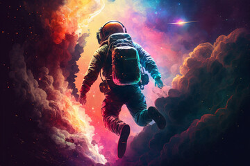 Wall Mural - an astronaut explodes through a colorful nebula, Generative AI