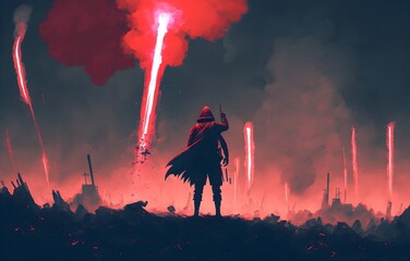 Wall Mural - man holds a red smoke flare up in the air and standing against the apocalypse world, digital art style, illustration painting, Generative AI