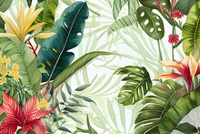 Tropical Vegetation And Hibiscus Flower Patter Ideal For Exotic Backgrounds, Generative AI