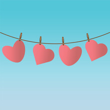 Red Hearts On A Rope With Clothespins, On A Blue Background. Vector Illustration