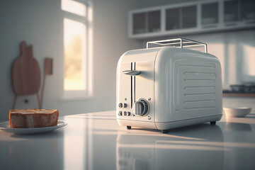 Modern toaster and bread slices on white marble table in kitchen - Generative AI