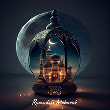 3d Modern Islamic Holiday Banner, Suitable For Ramadan, Raya Hari, Eid Al Adha And Mawlid. A Lit Up Lantern And Crescent Moon Decor On Serene Evening Background. Generating Ai.
