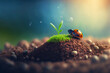 A ladybug walks on the wet ground and climbs a small leafy branch. A poetic and intimate scene that illustrates the life of insects, shot in close-up. Generative AI