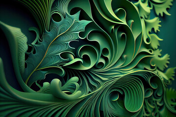 Generative illustration AI of abstract green wallpaper or background design, wavy floral surface. Artwork