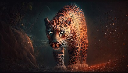 Leopard in a dark forest. Generative AI