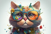 Cartoon Colorful Cat With Sunglasses On White Background. Created With  Generative Ai