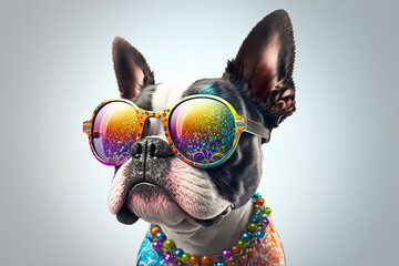 Cartoon colorful dog with sunglasses on white background. Bulldog. Created with  generative ai