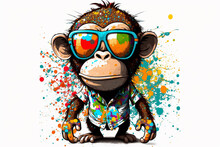 Cartoon Colorful Monkey With Sunglasses On White Background, Created With Generative AI