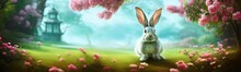 Cute Little Rabbit For Easter Spring Holiday, Spring Holiday Banner Illustration. Nice Rabbit Sitting On The Meadow Grass Grass. Spring Flower Meadow
