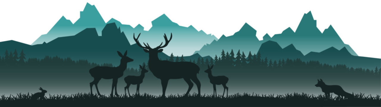 Fototapete - Silhouette of wild forest woods animals deer and misty fog forest fir trees camping adventure wildlife landscape panorama illustration icon vector for logo, isolated on white background