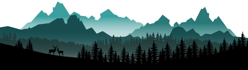 Wall Mural - Silhouette of mountains, wild forest woods deer animal and misty fog forest fir trees camping adventure wildlife landscape panorama illustration icon vector for logo, isolated on white background.