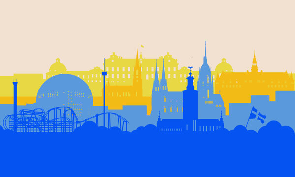 illustration of sweden stockholm city silhouette with various buildings, monuments, tourist attracti