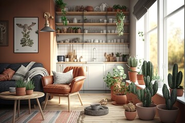 Wall Mural - Cozy japandi and Scandinavian living room interior with kitchen, plants, and white tile on the wall, AI generated